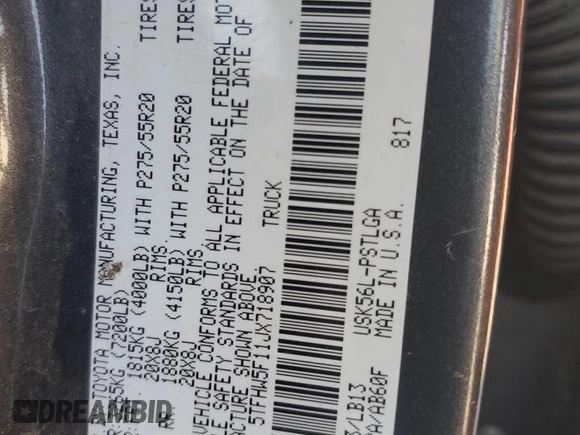 2018 Toyota Tundra SR5 z VIN 5TFHW5F11JX718907, wystawiony jako Copart lot #43446365 z przebiegiem 129 456 mil mil oraz Szkoda całkowita • Salvage title. Historia ofert i sprzedaży dostępna na DreamBid. Obrazek 12.