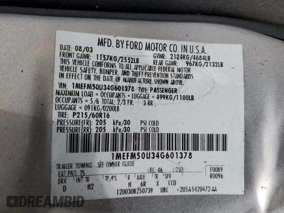 2004 Mercury Sable GS z VIN 1MEFM50U34G601378, wystawiony jako Copart lot #56952825 z przebiegiem 63 456 mil mil oraz Tytuł czysty. Historia ofert i sprzedaży dostępna na DreamBid. Obrazek 12.