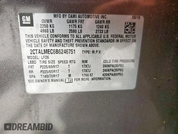 2011 GMC Terrain SLE-1 with VIN 2CTALMEC6B6246751, listed as a Copart auction lot 62126635 with 151,256 mi miles and Salvage title. Bid and sale history available at DreamBid. Image 13.