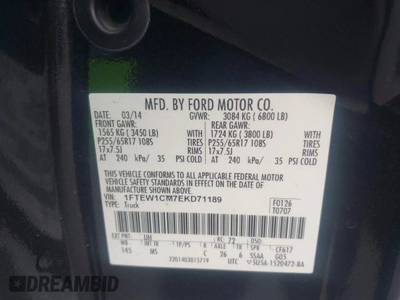 2014 Ford F-150 XL with VIN 1FTEW1CM7EKD71189, listed as a IAAI auction lot 41255410 with 176,249 mi miles. Bid and sale history available at carsss.com. Image 9.