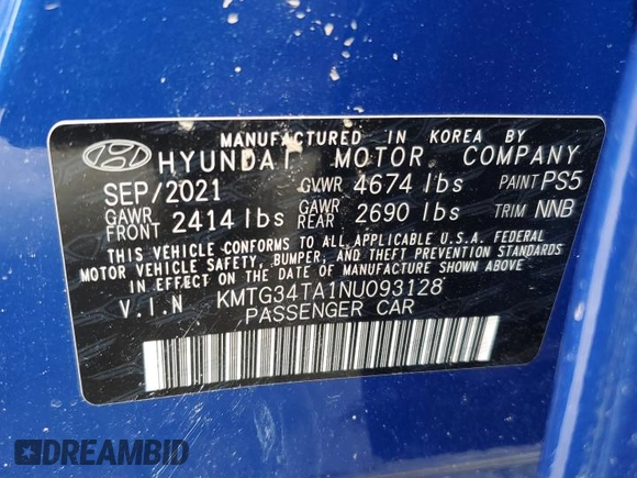 2022 Genesis G70 2.0T with VIN KMTG34TA1NU093128, listed as a Copart auction lot 72120864 with 37,054 mi miles and Salvage Title. Bid and sale history available at DreamBid. Image 15.