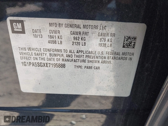 2014 Chevrolet Cruze LS z VIN 1G1PA5SGXE7195888, wystawiony jako IAAI lot #40807679 z przebiegiem 163 947 mil mil oraz . Historia ofert i sprzedaży dostępna na DreamBid. Obrazek 9.