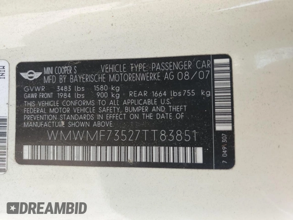 2007 MINI Hardtop S with VIN WMWMF73527TT83851, listed as a Copart auction lot 54740125 with 140,296 mi miles and Clean Title. Bid and sale history available at DreamBid. Image 12.
