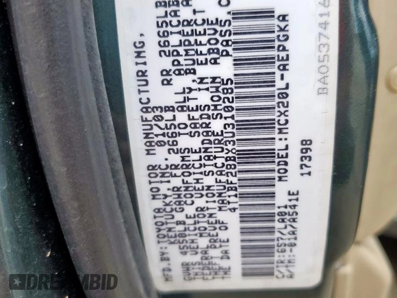 2003 Toyota Avalon XL z VIN 4T1BF28BX3U310285, wystawiony jako Copart lot #57664375 z przebiegiem 179 727 mil mil oraz Szkoda całkowita • Salvage title. Historia ofert i sprzedaży dostępna na DreamBid. Obrazek 12.