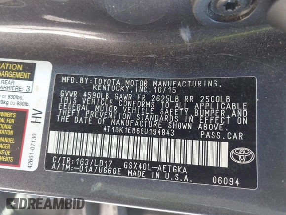 2016 Toyota Avalon Limited z VIN 4T1BK1EB6GU194843, wystawiony jako IAAI lot #42274532 z przebiegiem 100 759 mil mil oraz . Historia ofert i sprzedaży dostępna na DreamBid. Obrazek 9.