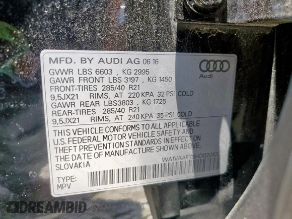 2017 Audi Q7 Prestige with VIN WA1VAAF79HD020632, listed as a Copart auction lot 60118155 with 144,250 mi miles and Salvage title. Bid and sale history available at DreamBid. Image 14.