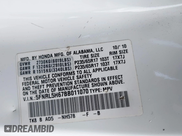 2011 Honda Odyssey EX-L with VIN 5FNRL5H67BB011070, listed as a IAAI auction lot 42491685 with 200,671 mi miles and . Bid and sale history available at DreamBid. Image 9.