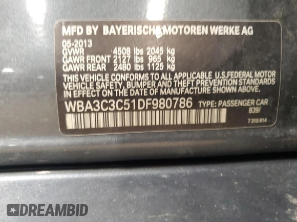 2013 BMW 3 Series 320i xDrive with VIN WBA3C3C51DF980786, listed as a Copart auction lot 46667435 with 149,831 mi miles and Salvage title. Bid and sale history available at DreamBid. Image 12.