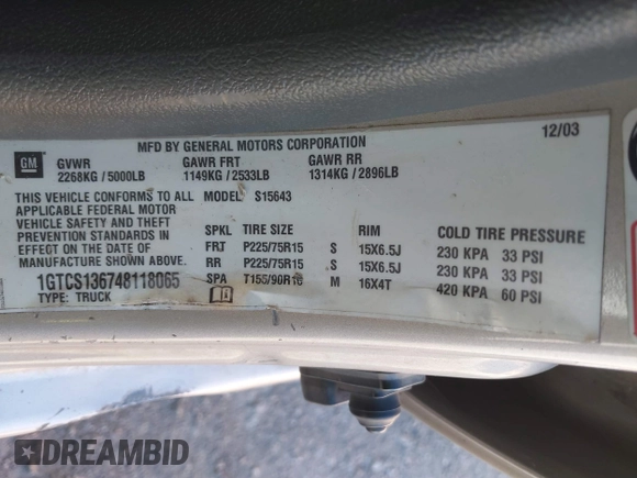 2004 GMC Canyon 1SB SLE Z85 with VIN 1GTCS136748118065, listed as a IAAI auction lot 41413026 with 183,675 mi miles. Bid and sale history available at carsss.com. Image 9.
