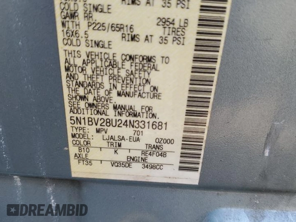 2004 Nissan Quest S with VIN 5N1BV28U24N331681, listed as a Copart auction lot 53614465 with 0 mi miles and Salvage Title. Bid and sale history available at carsss.com. Image 13.