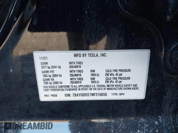 2022 Tesla Model Y Long Range with VIN 7SAYGDEE7NF316856, listed as a IAAI auction lot 41452234 with Not Provided miles and . Bid and sale history available at carsss.com. Image 9.