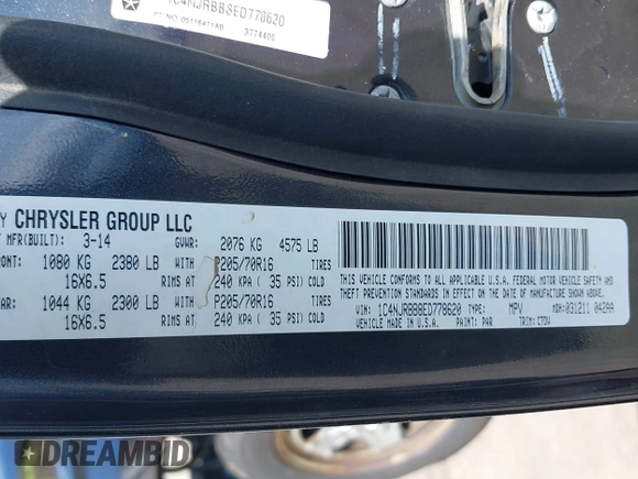 2014 Jeep Patriot Sport with VIN 1C4NJRBB8ED778620, listed as a IAAI auction lot 42021020 with 140,736 mi miles. Bid and sale history available at carsss.com. Image 9.