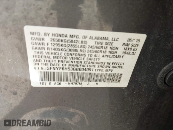 2016 Honda Pilot EX-L with VIN 5FNYF6H53GB004091, listed as a IAAI auction lot 42002063 with 173,009 mi miles. Bid and sale history available at carsss.com. Image 9.