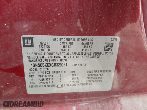 2016 Chevrolet Tahoe LT with VIN 1GNSCBKCXGR329921, listed as a IAAI auction lot 41915654 with 273,945 mi miles and . Bid and sale history available at DreamBid. Image 9.