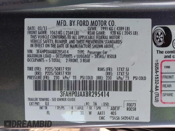 2011 Ford Fusion SEL with VIN 3FAHP0JAXBR295414, listed as a IAAI auction lot 41984604 with 164,909 mi miles. Bid and sale history available at carsss.com. Image 9.