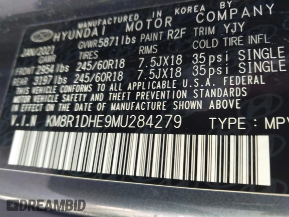 2021 Hyundai Palisade SE z VIN KM8R1DHE9MU284279, wystawiony jako IAAI lot #41681730 z przebiegiem 70 694 mil mil oraz . Historia ofert i sprzedaży dostępna na DreamBid. Obrazek 9.