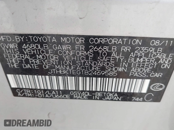 2011 Lexus ES 330 with VIN JTHBK1EG1B2469585, listed as a IAAI auction lot 42528856 with 163,794 mi miles and . Bid and sale history available at DreamBid. Image 9.