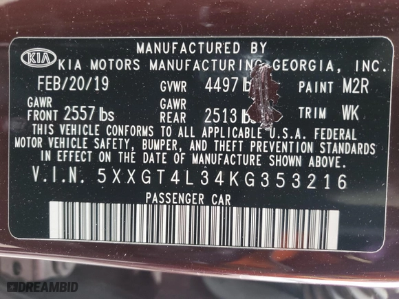 2019 Kia Optima S with VIN 5XXGT4L34KG353216, listed as a Copart auction lot 47810815 with 35,874 mi miles and Salvage Title. Bid and sale history available at carsss.com. Image 13.
