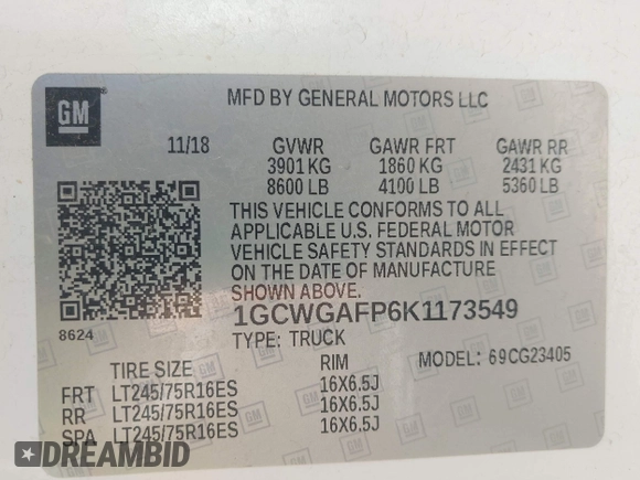 2019 Chevrolet Express Cargo Van with VIN 1GCWGAFP6K1173549, listed as a IAAI auction lot 42082743 with 86,763 mi miles. Bid and sale history available at carsss.com. Image 9.