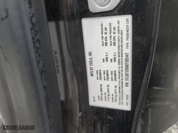 2019 Tesla Model 3 Long Range with VIN 5YJ3E1EB0KF392447, listed as a Copart auction lot 51985975 with 151,103 mi miles and Salvage Title. Bid and sale history available at carsss.com. Image 12.