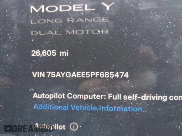 2023 Tesla Model Y Long Range with VIN 7SAYGAEE5PF685474, listed as a IAAI auction lot 40348773 with 26,605 mi miles and . Bid and sale history available at DreamBid. Image 7.