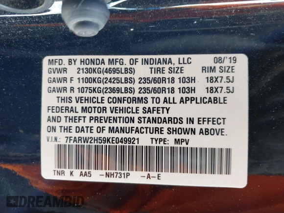2019 Honda CR-V EX with VIN 7FARW2H59KE049921, listed as a IAAI auction lot 41366936 with 69,325 mi miles. Bid and sale history available at carsss.com. Image 8.
