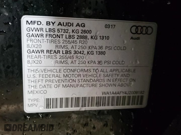 2018 Audi SQ5 Premium Plus with VIN WA1A4AFY4J2009182, listed as a Copart auction lot 41053074 with 71,346 mi miles and . Bid and sale history available at DreamBid. Image 13.