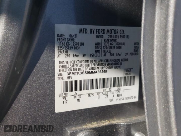 2021 Ford Mustang Mach-E Premium с VIN 3FMTK3SS9MMA36260, выставлен на аукционе Copart как лот 52436515 с пробегом 39 106 миль миль и Списание • Salvage title. История ставок и продаж доступна на DreamBid. Изображение 13.