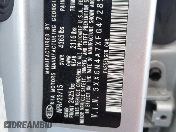2015 Kia Optima LX with VIN 5XXGM4A7XFG472851, listed as a Copart auction lot 50867865 with 152,900 mi miles and Salvage Title. Bid and sale history available at carsss.com. Image 14.
