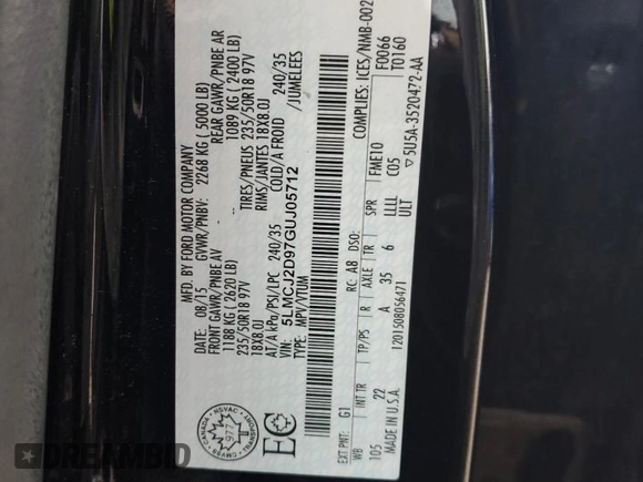 2016 Lincoln MKC Select with VIN 5LMCJ2D97GUJ05712, listed as a Copart auction lot 86733704 with 133,658 mi miles and Salvage title. Bid and sale history available at DreamBid. Image 14.