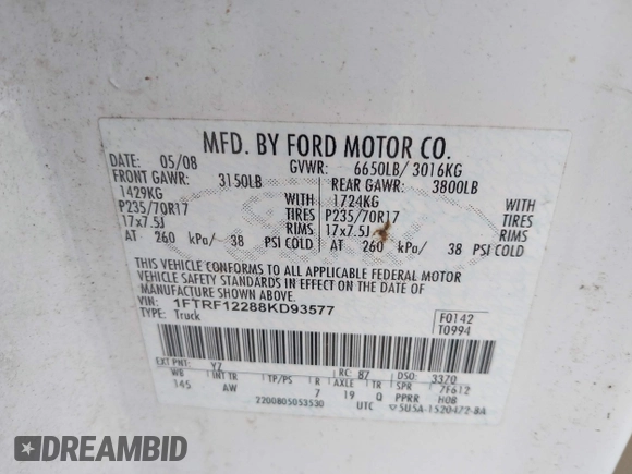 2008 Ford F-150 XL с VIN 1FTRF12288KD93577, выставлен на аукционе IAAI как лот 42601801 с пробегом 188 212 миль миль и . История ставок и продаж доступна на DreamBid. Изображение 9.