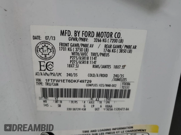2013 Ford F-150 XL with VIN 1FTFW1ET6DKF49729, listed as a Copart auction lot 56993215 with 308,764 mi miles and Salvage title. Bid and sale history available at DreamBid. Image 12.