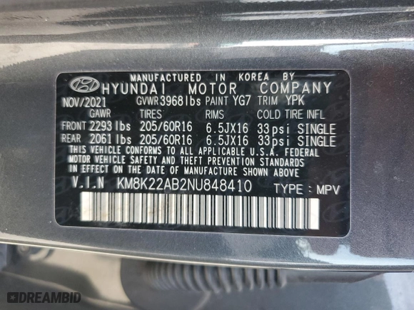 2022 Hyundai Kona SE with VIN KM8K22AB2NU848410, listed as a Copart auction lot 47144795 with 30,944 mi miles and Salvage Title. Bid and sale history available at carsss.com. Image 15.