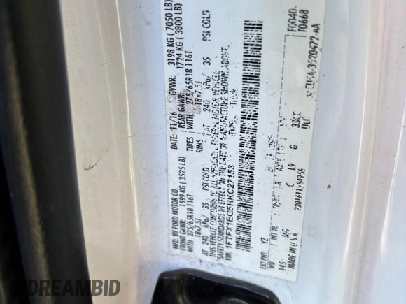 2017 Ford F-150 XL with VIN 1FTFX1EG5HKC27153, listed as a Copart auction lot 62049335 with 160,428 mi miles and Salvage title. Bid and sale history available at DreamBid. Image 10.