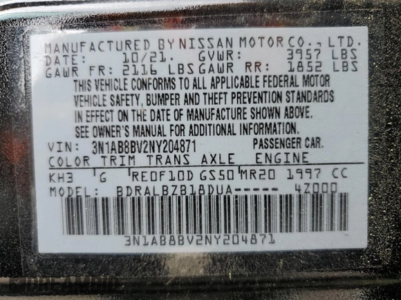 2022 Nissan Sentra S with VIN 3N1AB8BV2NY204871, listed as a Copart auction lot 53264705 with 25,446 mi miles and Salvage Title. Bid and sale history available at carsss.com. Image 13.
