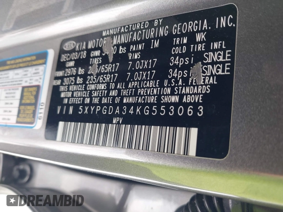 2019 Kia Sorento LX with VIN 5XYPGDA34KG553063, listed as a IAAI auction lot 41483547 with 89,441 mi miles. Bid and sale history available at carsss.com. Image 9.