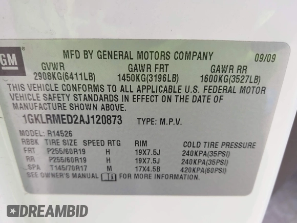 2010 GMC Acadia SLT1 z VIN 1GKLRMED2AJ120873, wystawiony jako IAAI lot #42027986 z przebiegiem 188 021 mil mil oraz . Historia ofert i sprzedaży dostępna na DreamBid. Obrazek 9.