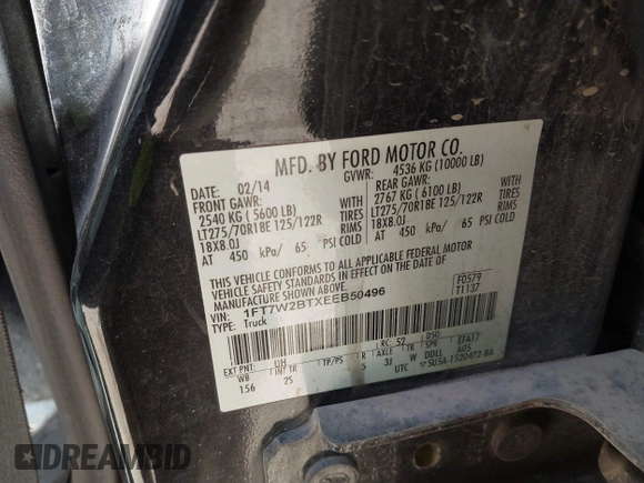 2014 Ford F-250 XL with VIN 1FT7W2BTXEEB50496, listed as a IAAI auction lot 42227049 with 152,317 mi miles and . Bid and sale history available at DreamBid. Image 9.