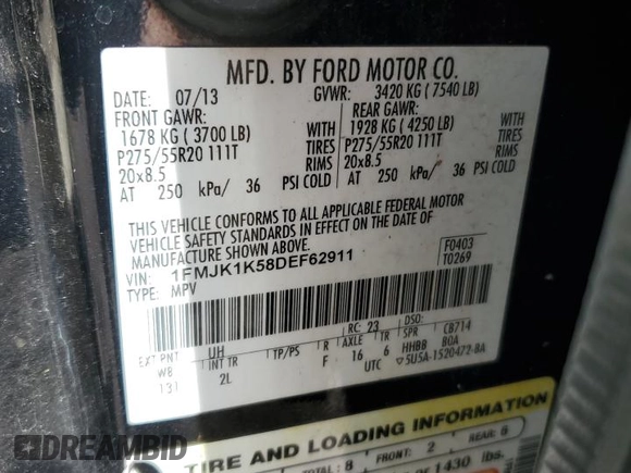 2013 Ford Expedition Max Limited z VIN 1FMJK1K58DEF62911, wystawiony jako Copart lot #61591555 z przebiegiem 161 928 mil mil oraz Szkoda całkowita • Salvage title. Historia ofert i sprzedaży dostępna na DreamBid. Obrazek 12.