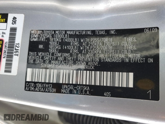 2010 Toyota Tundra 4WD Truck with VIN 5TFUM5F15AX002435, listed as a Copart auction lot 46189885 with 173,862 mi miles and Salvage Title. Bid and sale history available at carsss.com. Image 14.