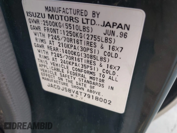 1996 Isuzu Trooper z VIN JACDJ58V4T7918002, wystawiony jako IAAI lot #41700255 z przebiegiem 203 951 mil mil oraz . Historia ofert i sprzedaży dostępna na DreamBid. Obrazek 9.