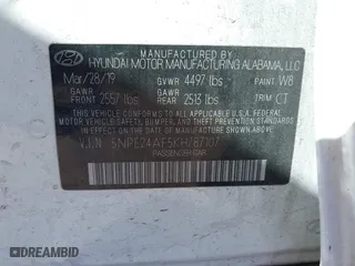 2019 Hyundai Sonata SE with VIN 5NPE24AF5KH787107, listed as a IAAI auction lot 41726970 with 148,943 mi miles. Bid and sale history available at carsss.com. Image 9.