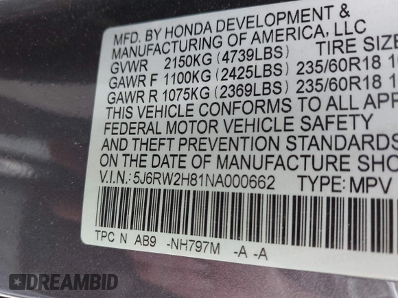 2022 Honda CR-V EX-L with VIN 5J6RW2H81NA000662, listed as a IAAI auction lot 42179192 with 18,563 mi miles and . Bid and sale history available at DreamBid. Image 9.