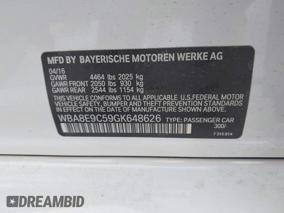 2016 BMW 3 Series 328i with VIN WBA8E9C59GK648626, listed as a IAAI auction lot 41954172 with 72,660 mi miles and . Bid and sale history available at DreamBid. Image 9.