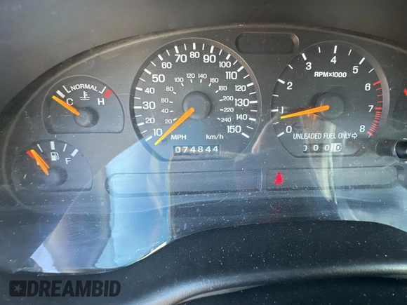1998 Ford Mustang GT with VIN 1FAFP45X3WF197020, listed as a Copart auction lot 43796325 with 74,844 mi miles and Salvage Title. Bid and sale history available at carsss.com. Image 8.