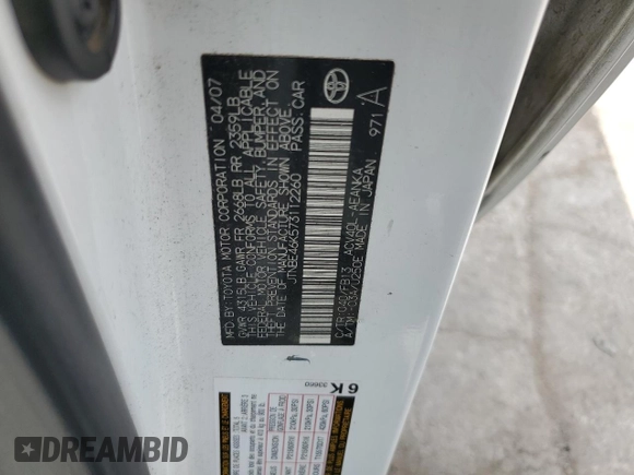 2007 Toyota Camry CE with VIN JTNBE46K573112260, listed as a Copart auction lot 62451044 with 149,506 mi miles and Salvage Title. Bid and sale history available at DreamBid. Image 12.