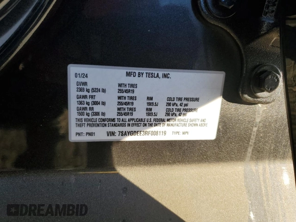 2024 Tesla Model Y Long Range с VIN 7SAYGDEE3RF008119, выставлен на аукционе Copart как лот 76385264 с пробегом 2 918 миль миль и Списание • Salvage title. История ставок и продаж доступна на DreamBid. Изображение 15.