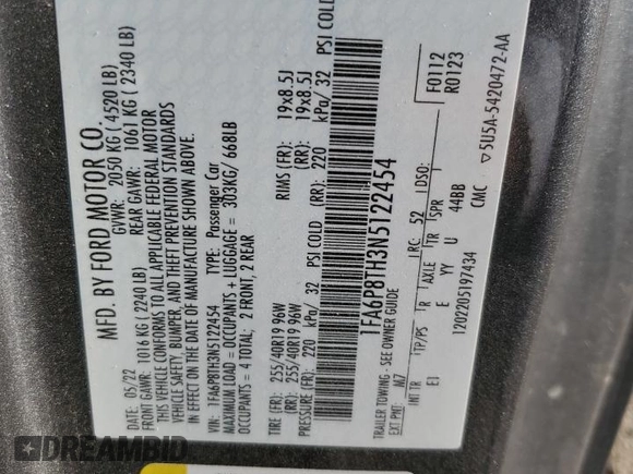 2022 Ford Mustang EcoBoost z VIN 1FA6P8TH3N5122454, wystawiony jako Copart lot #51292735 z przebiegiem 46 339 mil mil oraz Szkoda całkowita • Salvage title. Historia ofert i sprzedaży dostępna na DreamBid. Obrazek 14.