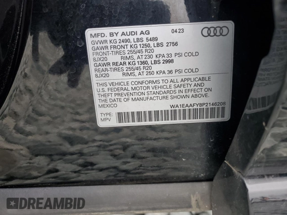 2023 Audi Q5 S line Premium Plus with VIN WA1EAAFY8P2146208, listed as a Copart auction lot 43449345 with 34,444 mi miles and Salvage Title. Bid and sale history available at carsss.com. Image 13.