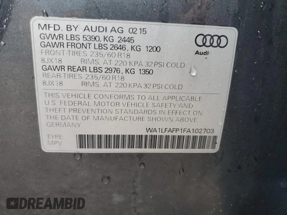 2015 Audi Q5 Premium Plus with VIN WA1LFAFP1FA102703, listed as a Copart auction lot 51339375 with 121,161 mi miles and Clean Title. Bid and sale history available at carsss.com. Image 13.